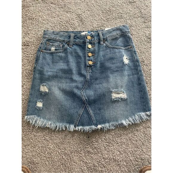 NEW JBD just black denim distressed button front jean skirt with fringed edges - Picture 1 of 3